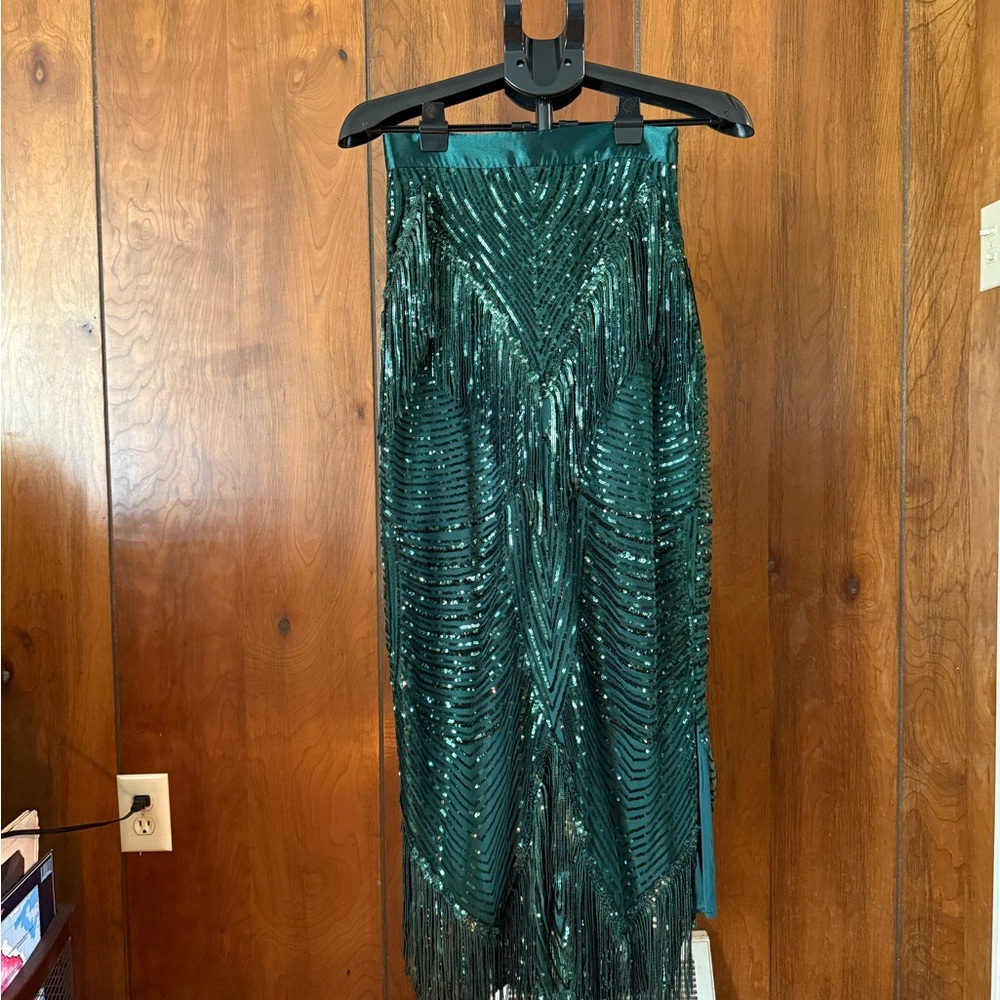 Anthropologie Emerald Green Beaded Fringe Skirt 40’s esque